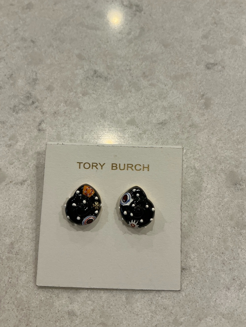 Tory Burch Black Enamel Teardrop Stud Earrings with Multicolor Accents No Offers